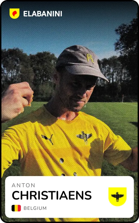 The front of Anton Christiaens' card: a full-bleed photo of him squaring up in the yellow FC Elaba kit, with a white name plate at the foot.