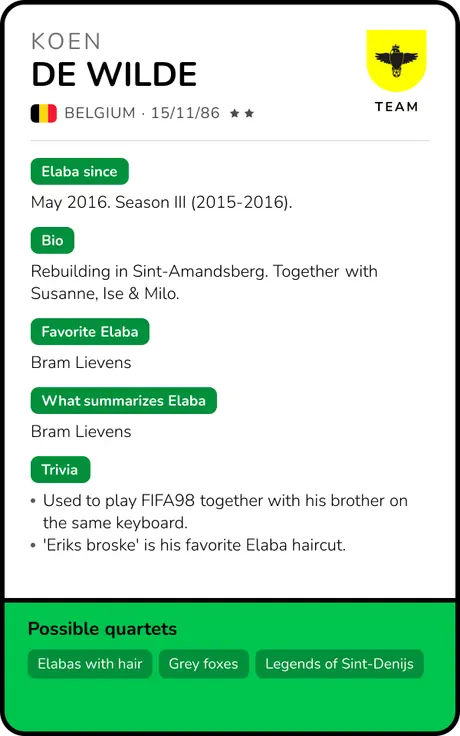 The back of Koen's card: name, date of birth and two rarity stars, then rows for Elaba since, Bio, Favorite Elaba, What summarizes Elaba and Trivia, with a green Possible quartets band at the foot.